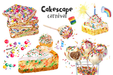 Watercolor illustration of celebrate desserts set close up. Design template for packaging, menu, postcards.の写真素材