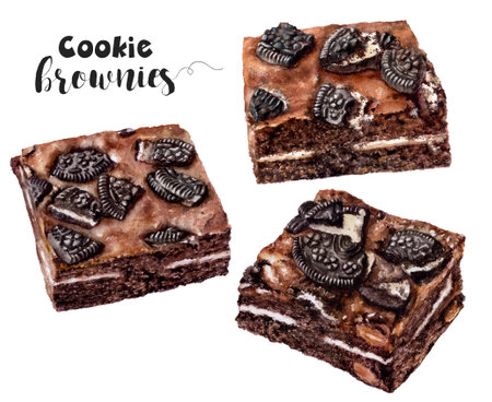 Watercolor illustration of cookie brownies bars dessert close up. Design template for packaging, menu, postcards.の写真素材