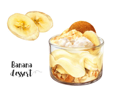 Watercolor illustration of banana dessert close up. Design template for packaging, menu, postcards.の写真素材