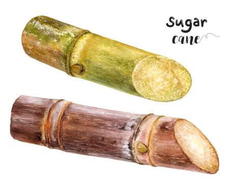 Watercolor illustration of sugar cane close up. Design template for packaging, menu, postcards.の写真素材