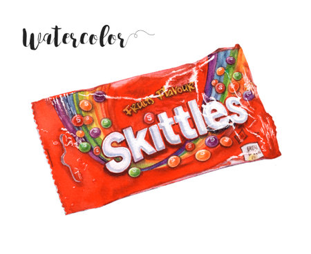 Watercolor illustration of skittles close up. Illustrative editorial.のeditorial素材