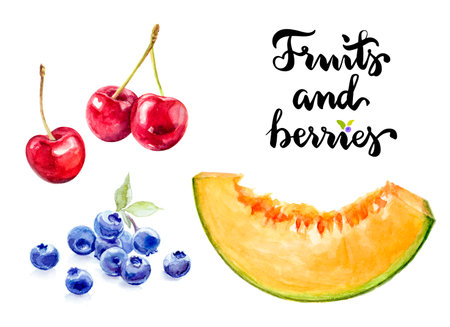 Watercolor Illustration of Fruits including Cherries, Blueberries, and Melon Sliceの写真素材
