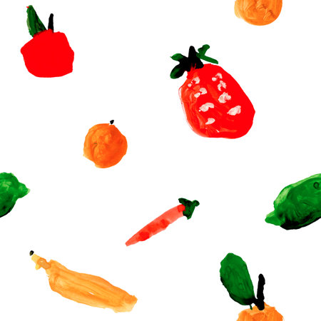 The pattern features handpainted fruits and vegetables, creating a charming aestheticの写真素材