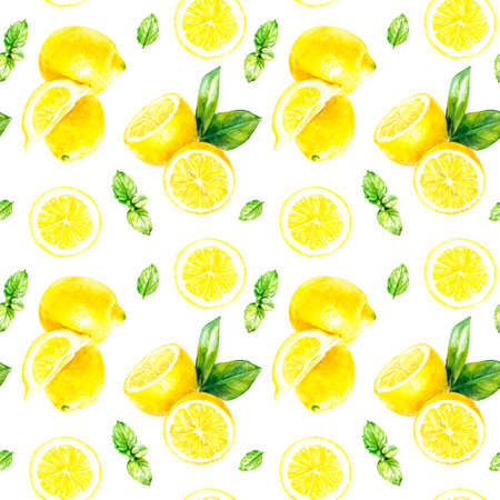 Watercolor pattern of citrus fruits, lemons, and leaves for vibrant and summery designの写真素材