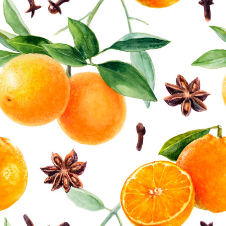 The design includes citrus fruits, herbs, and spices illustrations, forming a vibrant and colorful patternの写真素材