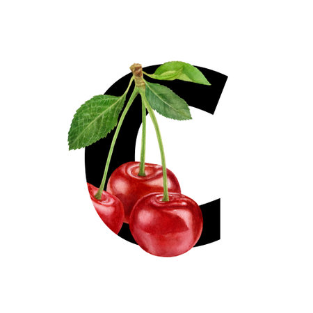 A watercolor cherry illustration featuring the letter C, part of a fruits and alphabets collectionの写真素材