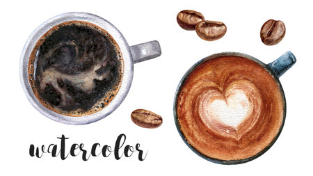 An exquisite Coffee Art Watercolor Illustration top view that beautifully features coffee beansの写真素材