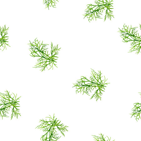 Seamless Watercolor Pattern Featuring Lush Green Foliage Dill Set Against a Clean White Backgroundの写真素材