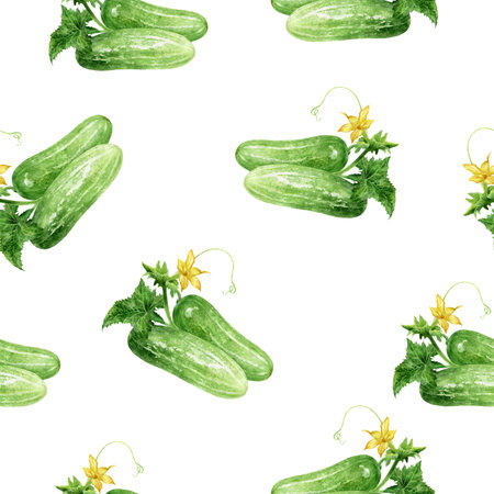 A Watercolor Seamless Pattern Featuring Fresh Cucumbers Accompanied by Vibrant Flowers on a White Backgroundの写真素材