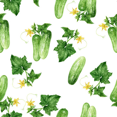 A Watercolor Seamless Pattern Featuring Fresh Cucumbers Accompanied by Vibrant Flowers on a White Backgroundの写真素材