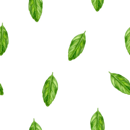A Beautiful Fresh Green Basil Watercolor Leaves Seamless Pattern Background for Various Creative Uses and Decorの写真素材