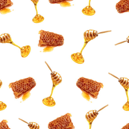 Watercolor Honeycomb Pattern Illustration, Sweet Food Seamless Designの写真素材