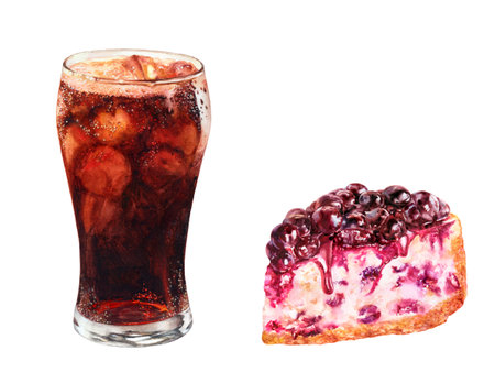 Watercolor Realistic Cola and Berry Cheesecake Illustration, Dessert and Drink Pairingの写真素材