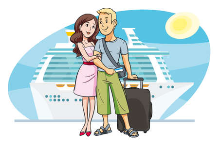 Young couple going on vacation by cruise boatのイラスト素材