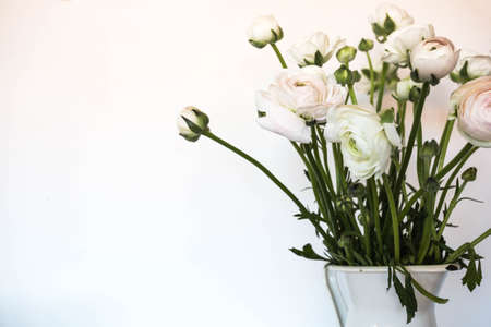 Soft home decor, white jug, vase with white small flowers on a white vintage wall background and on a wooden shelf. Interior.の写真素材