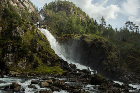 Mountain landscape with cloudy sky. Beautiful nature Norway. Geiranger fjord. close-upの写真素材