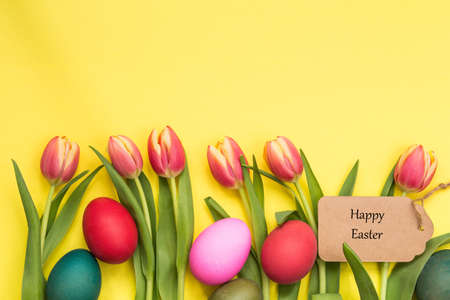 Easter eggs painted and tulips with yellow background and text happy easterの写真素材