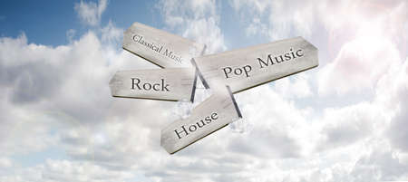 A wooden way-marker sign pointing to different music genres in a blue sky