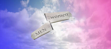 Men women sign with blue and pink sky, space for text