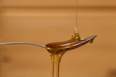 Shiny golden honey dripping off of a silver spoon with a wooden brown background sweetの写真素材