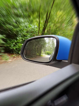 Side view mirror reflection of two-lane winding road in forest, beautiful green nature