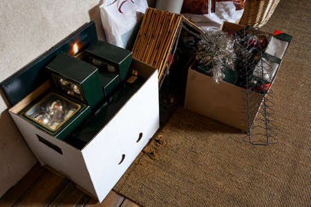 Christmas stuff stored in boxes in the attic ready for a new christmas