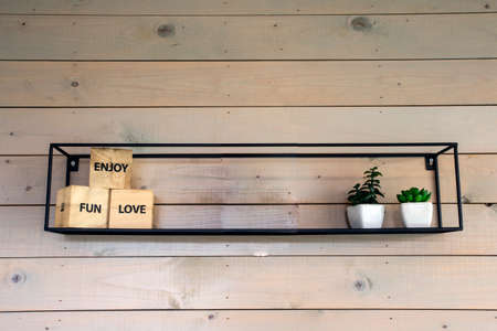 minimalistic rack on wooden wall with decoration for modern home, little green plants closeup...