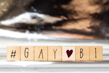 Wooden cubes with a hashtag and the word Bi and Gay, social media conceptの写真素材