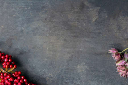 Red rowan berries on vintage rustic wooden background Autumn background with red berries and copyspase christmas background with red berries space for text natureの写真素材