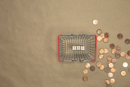 Tax written with wooden cubes top view in shopping basket with money coins and bills on the...