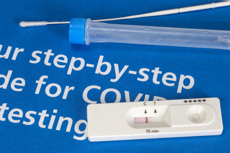 Coronavirus home testing. Self test kit and guide for home testing Covid-19, coronavirus,health,business,stay home conceptの写真素材