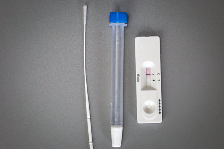 Rapid self test Covid-19 with nose swab, home test kit for coronavirus top view on gray background...