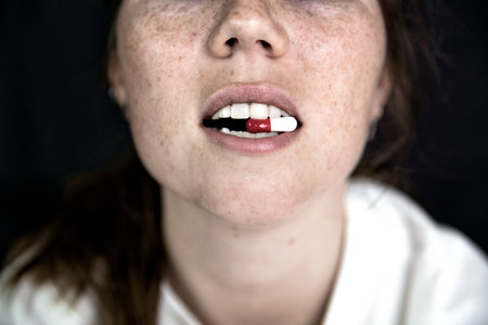 Young woman, teenager with Capsule on tongue on dark black background, taking pills. medicine,...