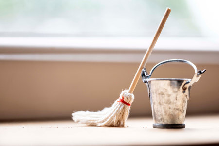 Cleaning mop and bucket for dirty floor,Vintage natural look with copy space