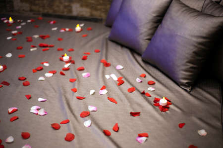 Romantic room setting with rose petals filled bed and pillows sensual silk, Honeymoon, Valentines Dayの写真素材