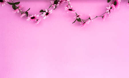 Cheerful, colorful pink, purple daisies garland hanging on pink wall background texture. beautiful...