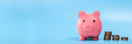 Pink Piggy Bank with stack of coins, growth and saving concept, Business and financial with copy space. Web bannerの写真素材