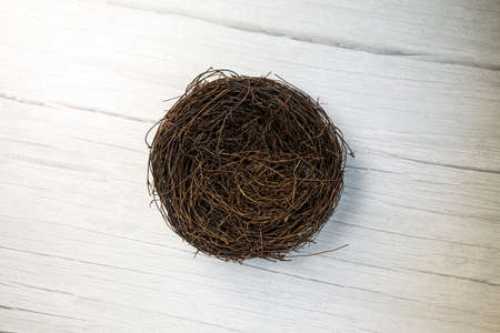 Bird nest empty top view, Easter Holliday decoration with copy space, white wooden background...