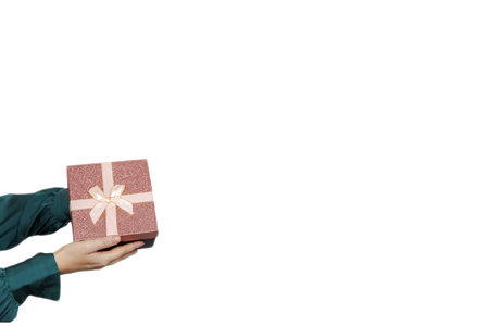 Holiday gift. Happy birthday. Greeting congrats. Party celebration. Advertising background. Elegant female hand holding present box isolated white copy space.の写真素材