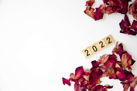 Rose Petals shape 2022, new year concept isolated on white background copy space, romantic Valentines Day design, Happy new year Holidayの写真素材