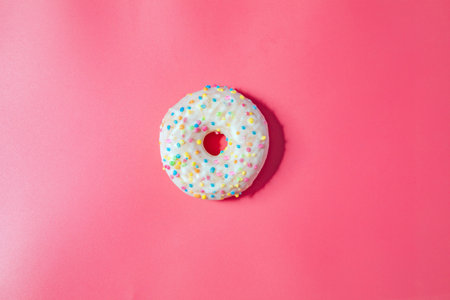 Donuts with icing on pastel pink background. Sweet doughnuts. top view assorted with various chocolate glazed and sprinkles, sugar sweets concept candyの写真素材