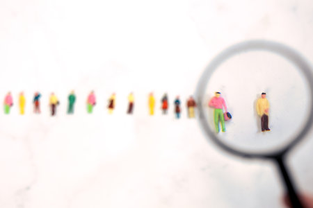 Searching employee or leader. Staff recruiting. Headhunting. Many employees and the choice of a leader from the crowd. HR. business and Human resource management concept figure stand out from the crowd successful choice top viewの写真素材