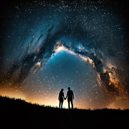 Silhouette of young couple under stars. standing in meadow by night under the galaxy The concept on the theme of love. Elements of this image romanceの素材