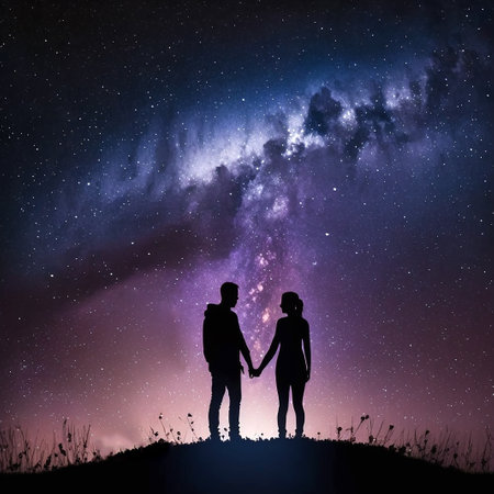 Silhouette of young couple under stars. standing in meadow by night under the galaxy The concept on the theme of love. Elements of this image romanceの素材