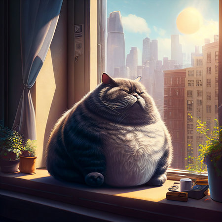 Funny lazy fat cat cartoon looking through window in apartment, in the city morning light. Pet concept generative AIの素材