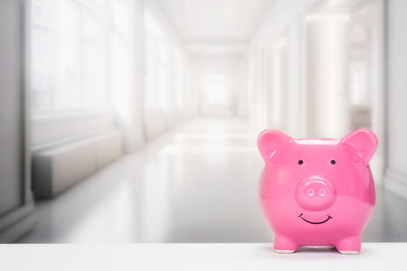 Concept pink piggy bank in white room, finance and saving money for future plan and retirement fund, Business or finance saving show putting coin saving and investment money copy space blurred background happyの写真素材