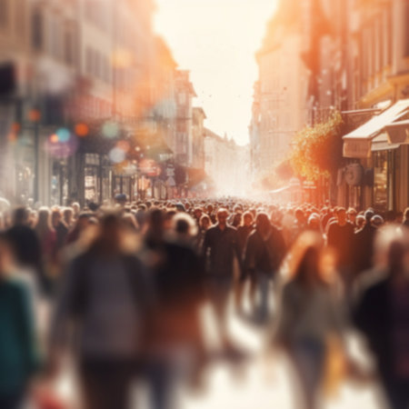 Busy street scene with crowds of people walking in the city, shopping,tourism,business people on a sunny day, blurred bokeh background crowded defocusedの素材
