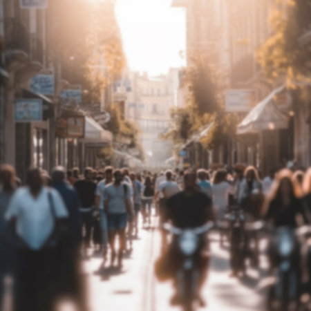 Busy street scene with crowds of people walking in the city, shopping,tourism,business people on a sunny day, blurred bokeh background crowded defocusedの素材