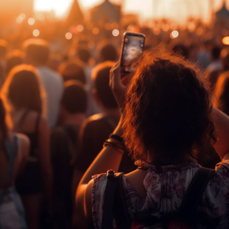 A lot of hands with the smartphone turned on to record or take pictures or filming during a live concert or music festival, summer light back view dancingの素材