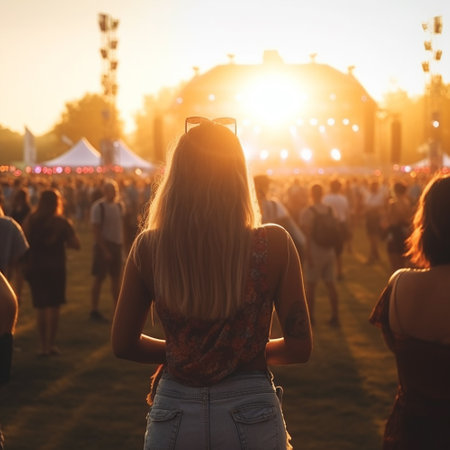 People on music festival in the summer, back view, girl on daylight, big group at party with dj, summer nightlife, disco club outside, fun youth, entertainment festive concept, Female back view happy